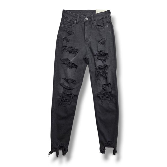 American Eagle Strigid Mom Jeans Womens 00 Short Distressed Chew Hem Black - Picture 1 of 12